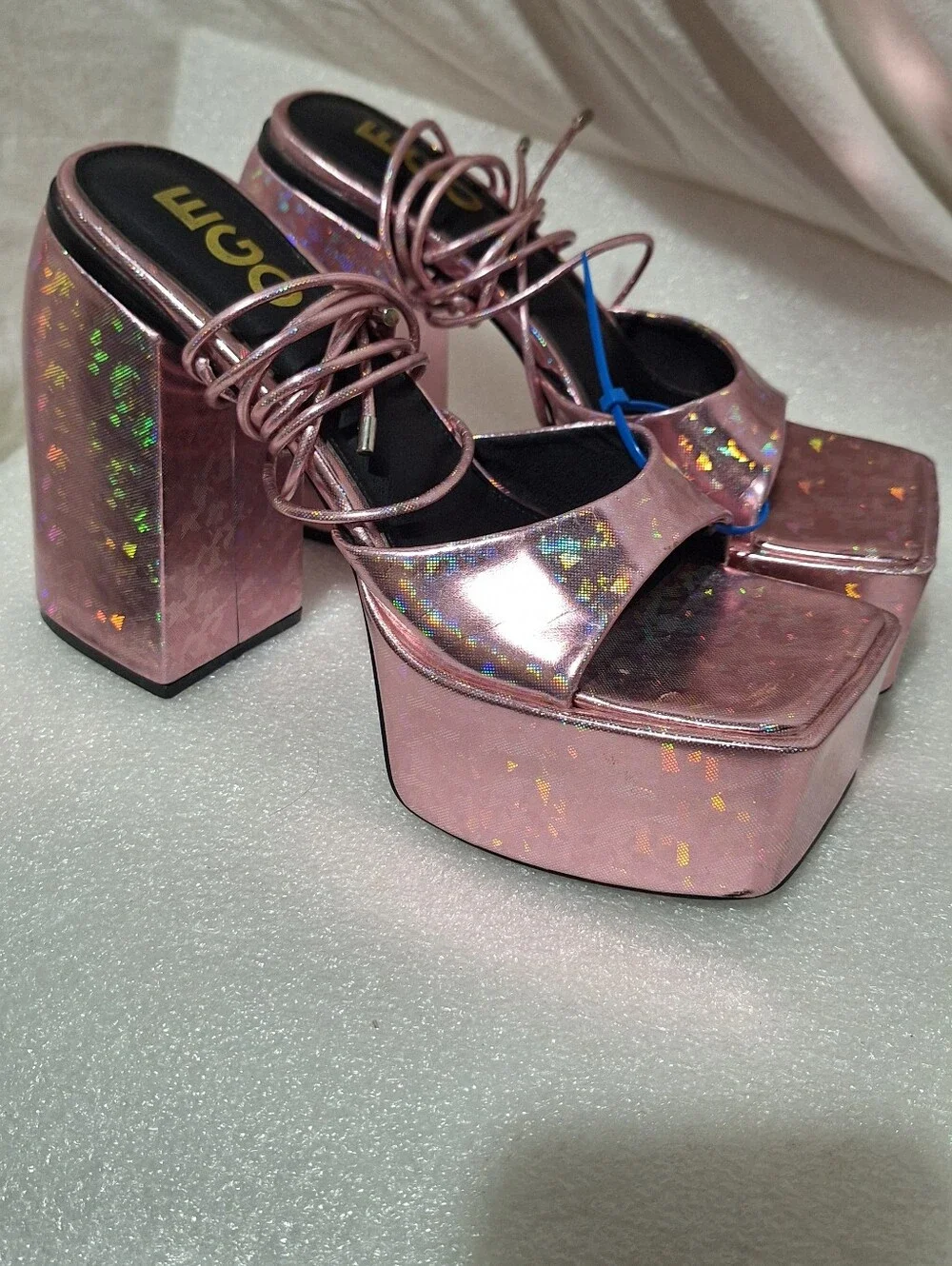 Pink Holographic Platform Block Heel Sandals